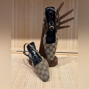 Vintage Gucci Monogram Slingback Heels – Square Toe GG Canvas